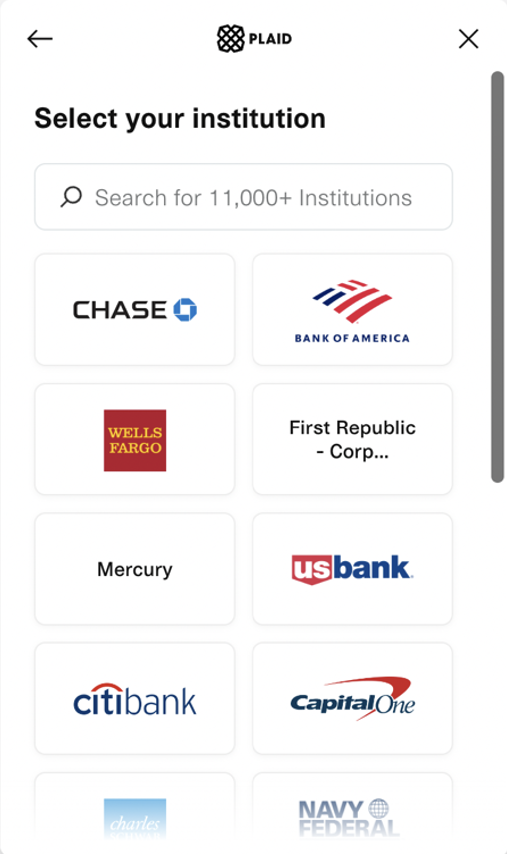 Bill.com Plaid bank selection screen.