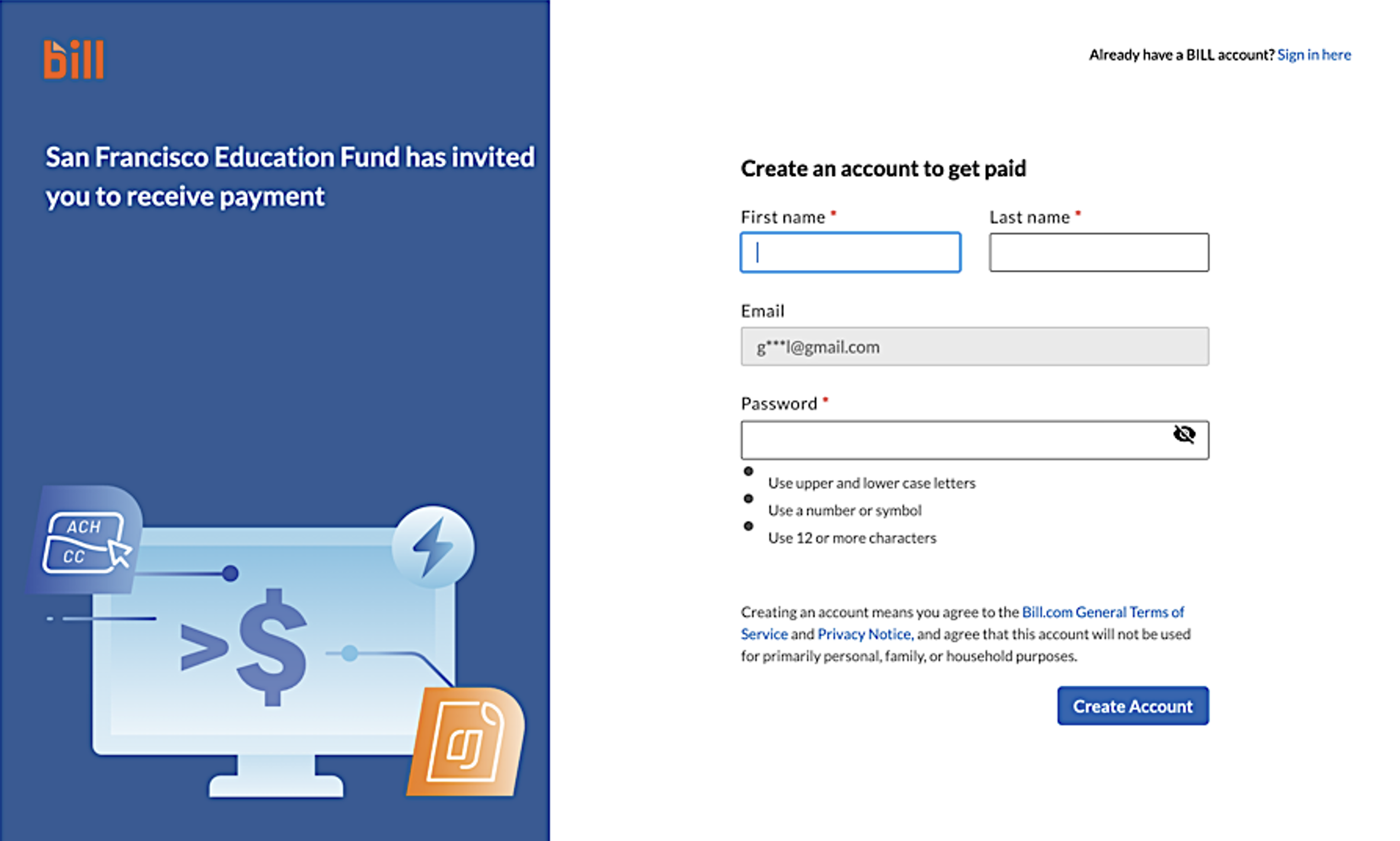 Bill.com Create an Account screen